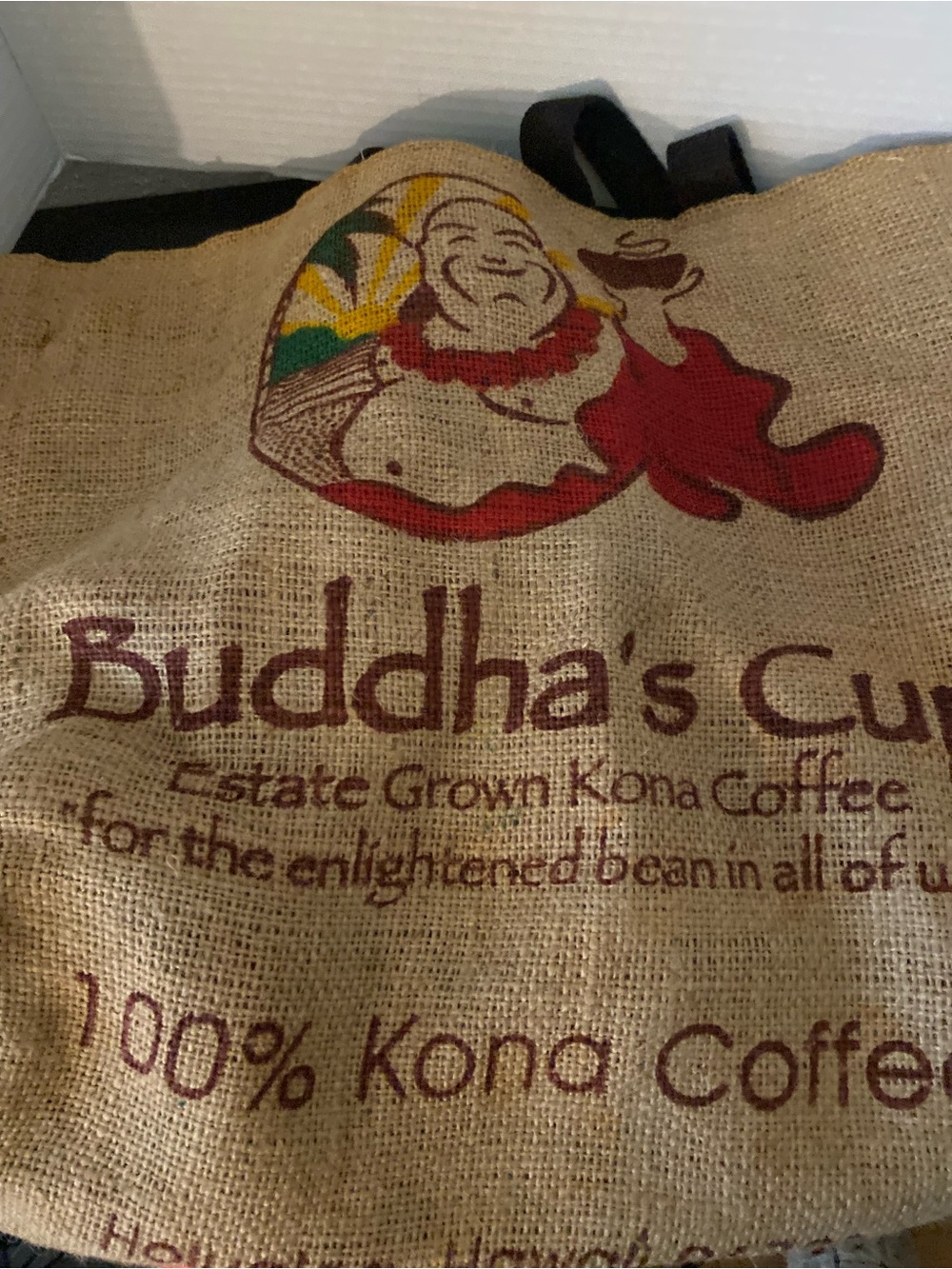 Burlap Kona coffee Tote Bag - Natural with Red Graphic